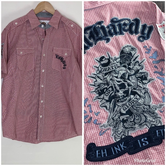 Ed Hardy Other - Ed Hardy Short Sleeve Red White Button Front Shirt